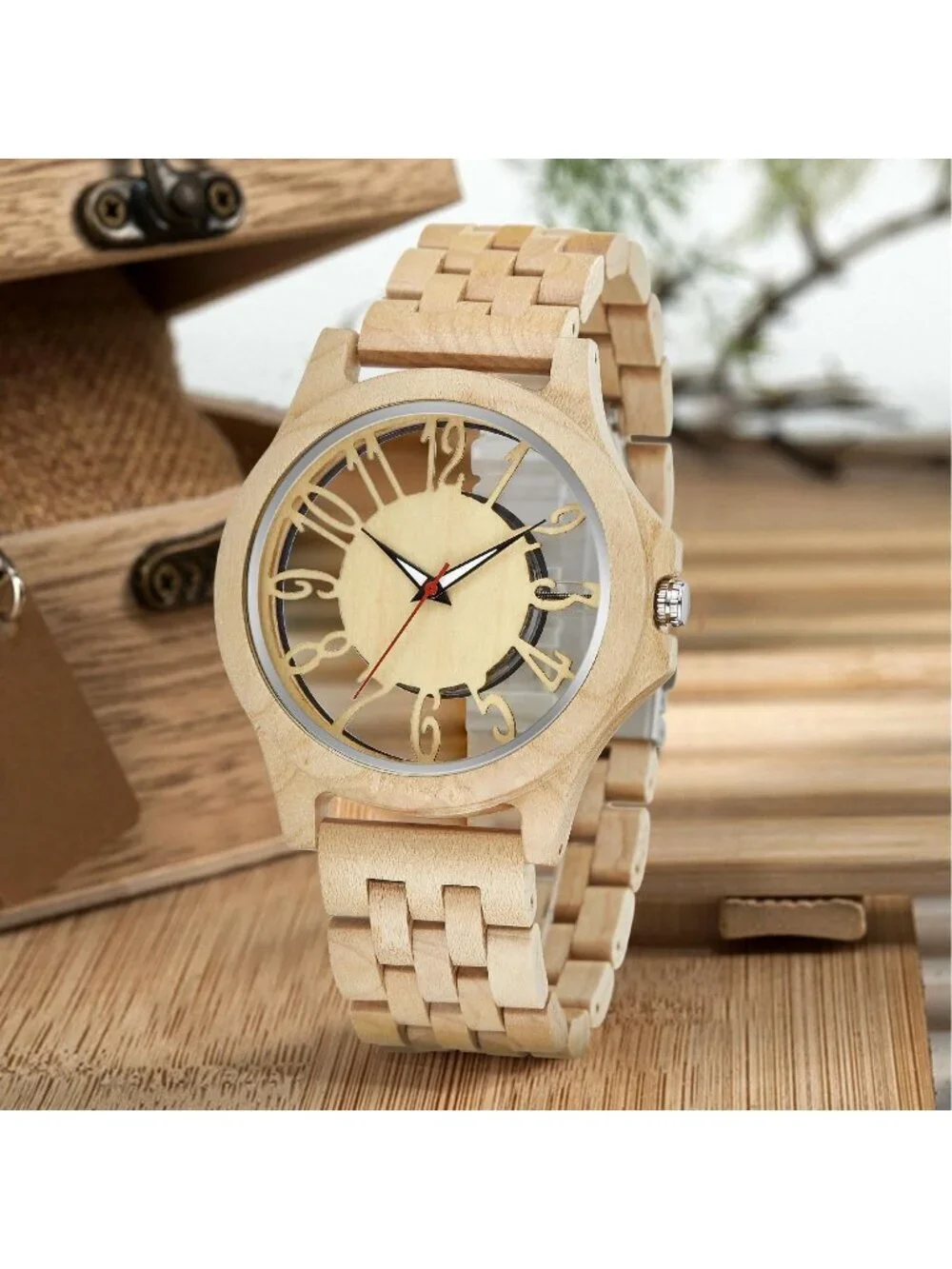 Men Cream Quartz Solid Ebony Zebra Fold over Clasp Wood Strap Round Wooden Watch